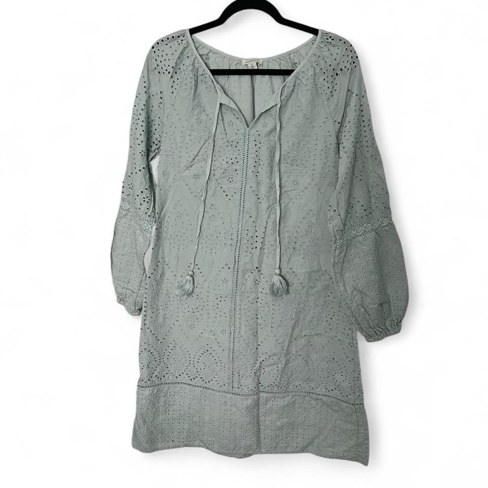 LIGHT BLUE SUNDANCE BALOON SLEEVE EYELET LONG SLEEVE SHIFT DRESS